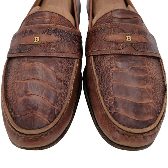 Bally Other - Vintage Bally Italy Exotic Ostrich Leg Leather Brown Loafers Mens 12 Dress Shoes